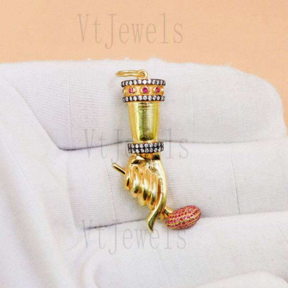 925 Sterling Silver Gold Plated Mano Cornuto (Horned Hand) & Egg Pendant