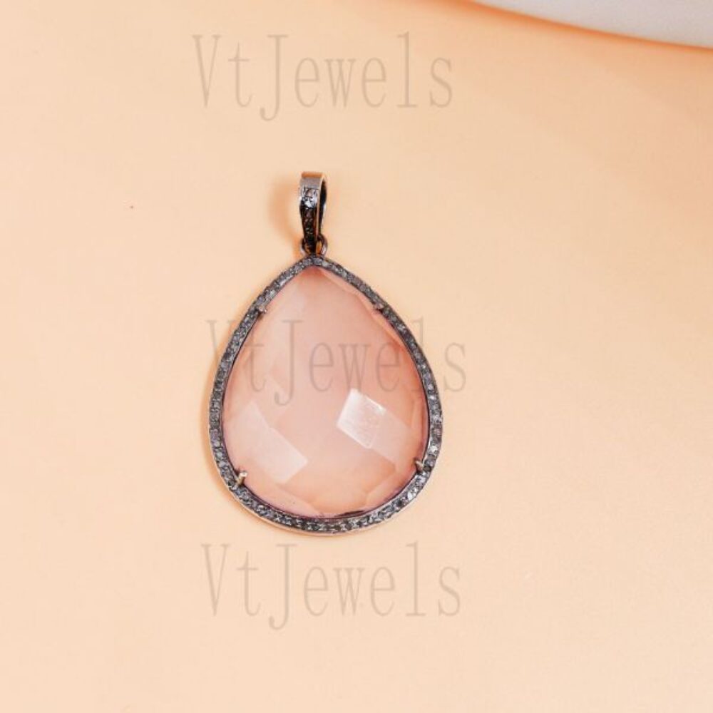 925 Sterling Silver Rose Quartz Pear Cut Halo Pendant