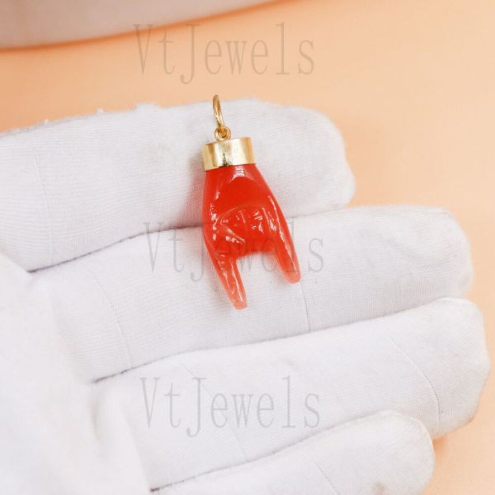 925 Sterling Silver Gold Plated Red Mano Cornuto Pendant