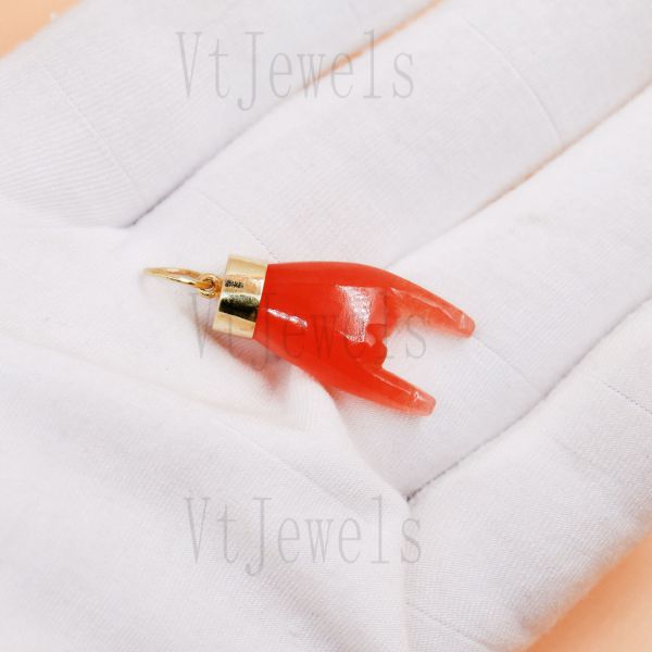 925 Sterling Silver Gold Plated Red Mano Cornuto Pendant - Image 6