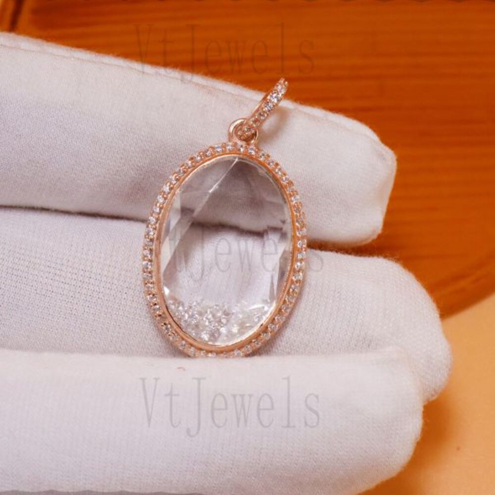 925 Sterling Silver Oval Rose Quartz Floating Shaker Pendant