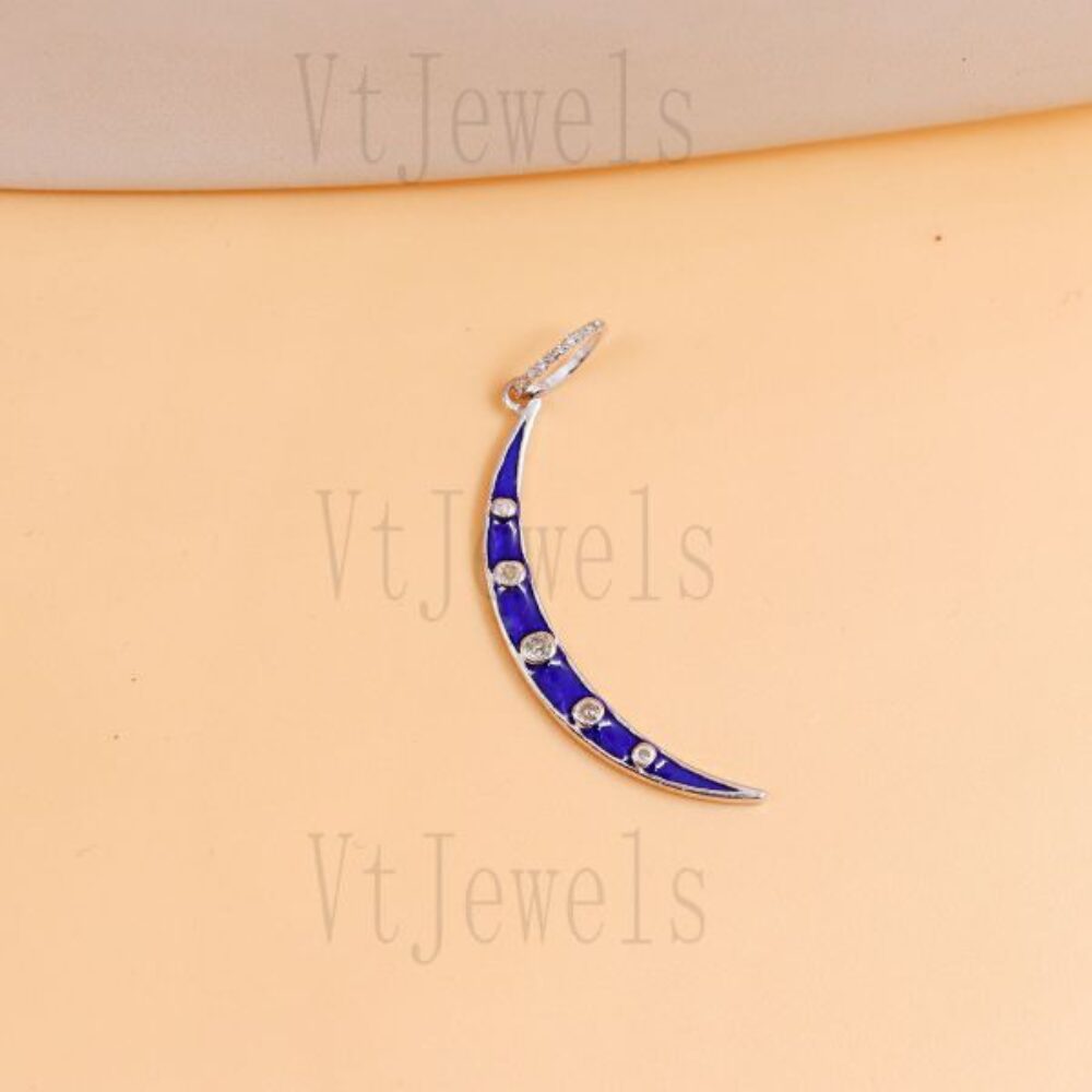 925 Sterling Silver Blue Enamel Crescent Moon Pendant