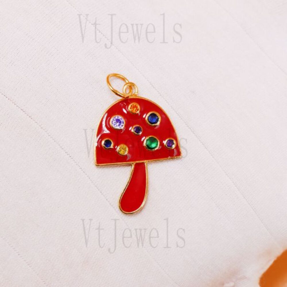 925 Sterling Silver Red Enamel Mushroom Pendant