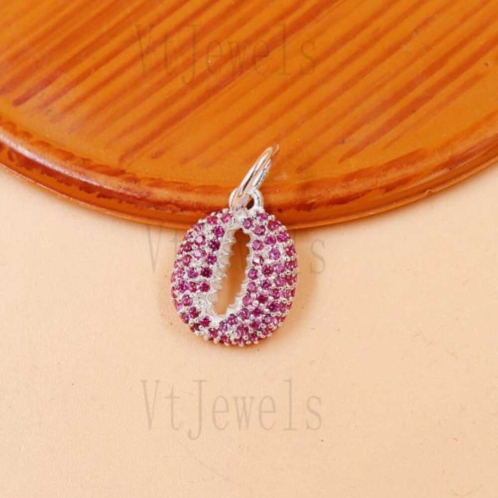 925 Sterling Silver Pink Pave diamond Cowrie Shell Pendant Charm