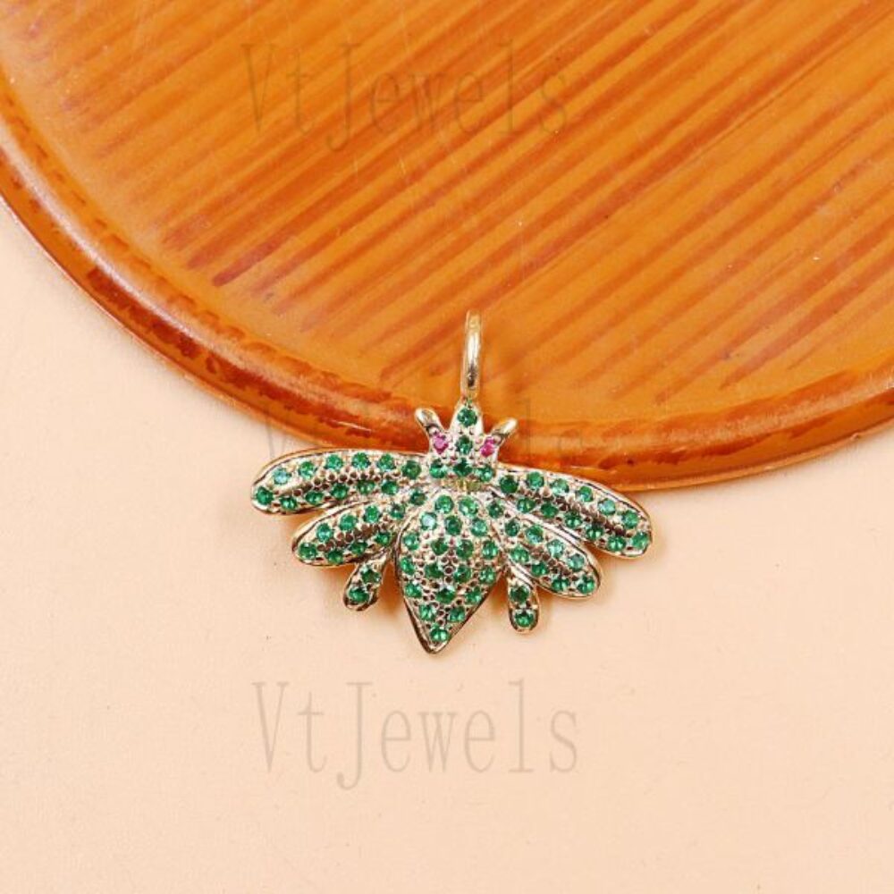 925 Sterling Silver Green Pave diamond Bee Pendant with Pink Stone Accents