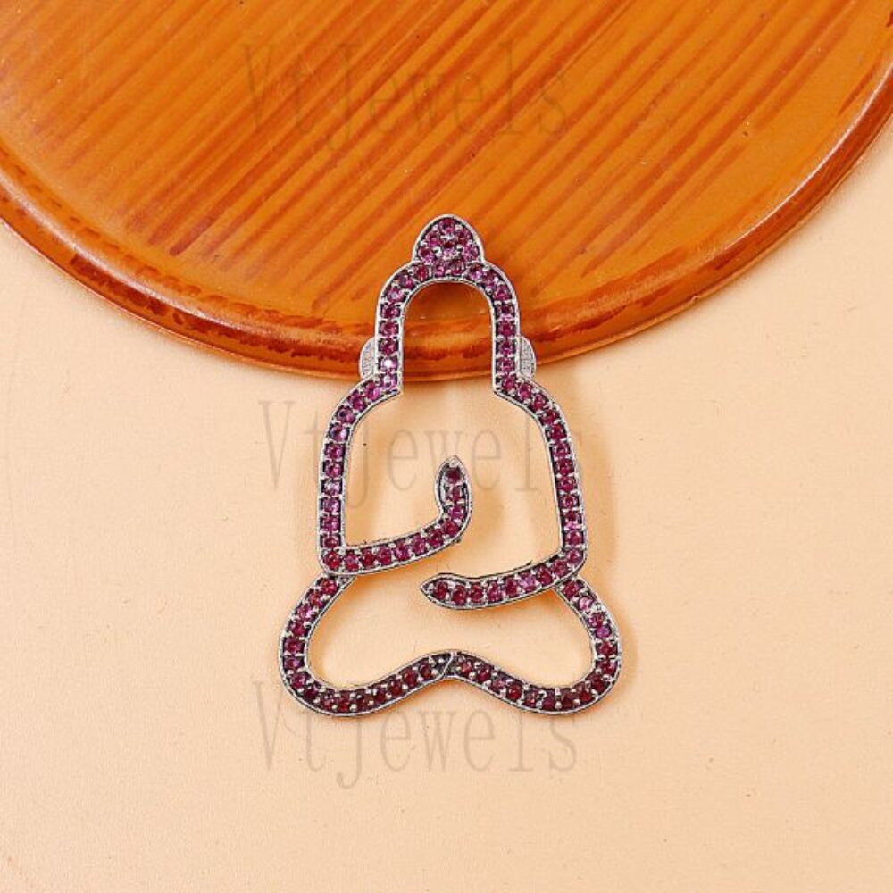 925 Sterling Silver Pink Pave diamond Buddha Outline Pendant Charm