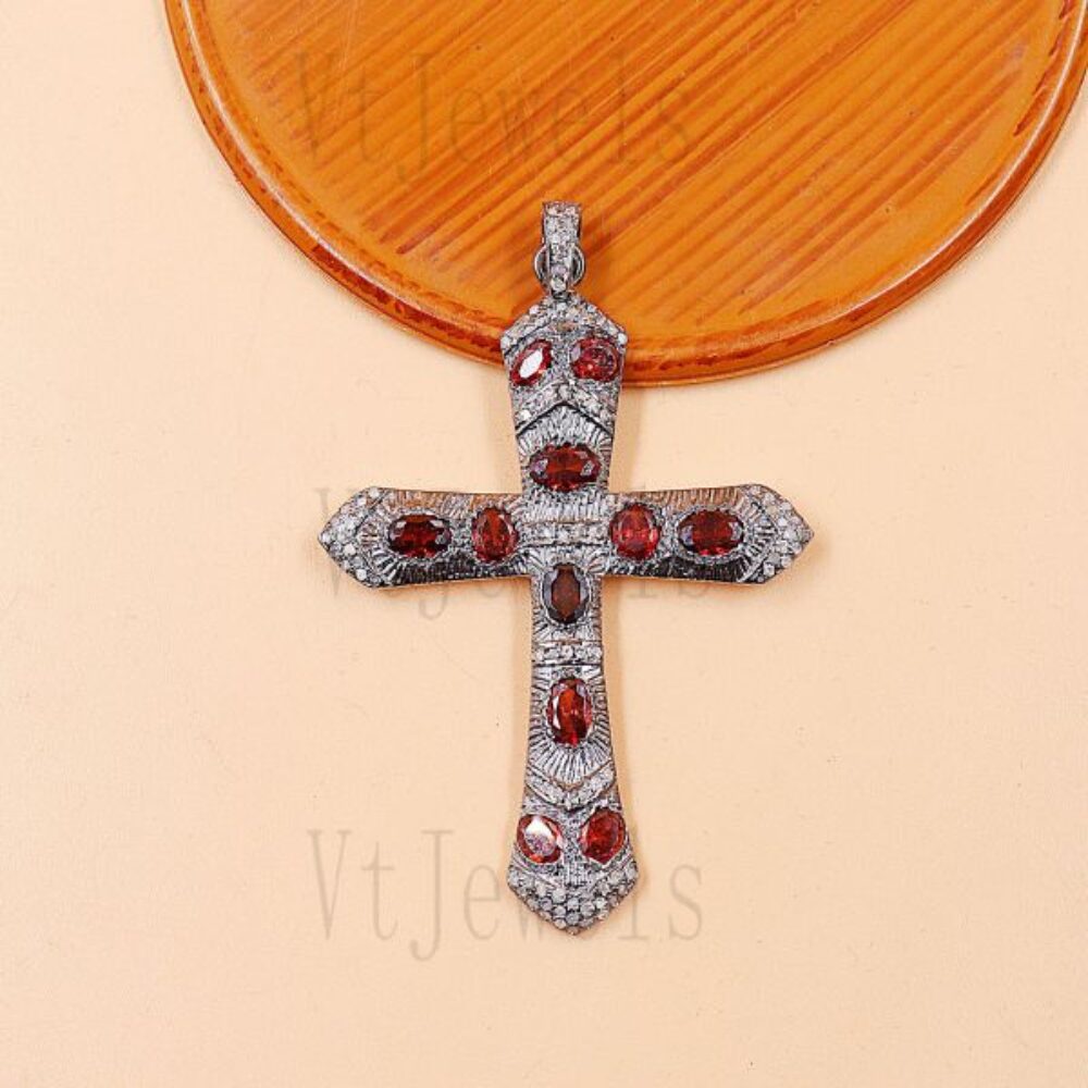 925 Sterling Silver Oxidized Garnet Pave diamond Large Cross Pendant