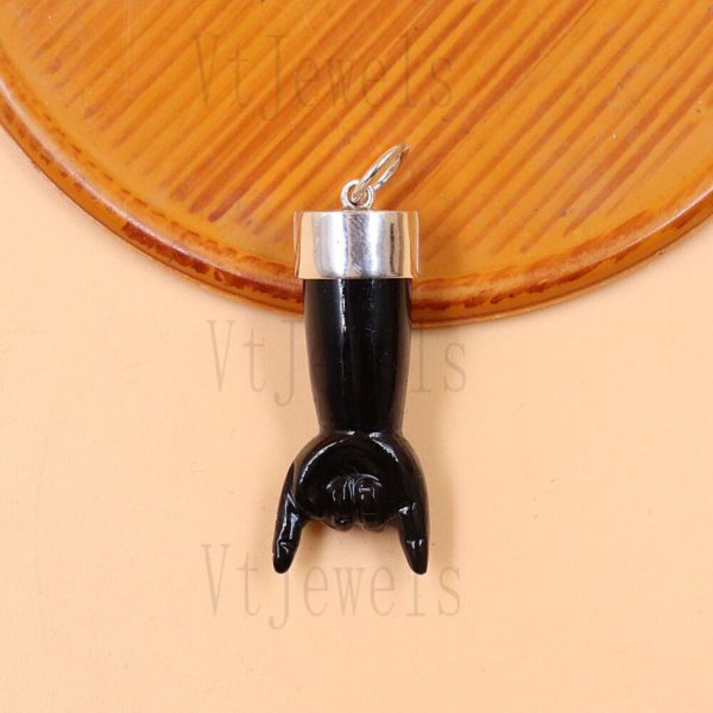 925 Sterling Silver Black Carved Mano Cornuta Horns Hand Protection Pendant