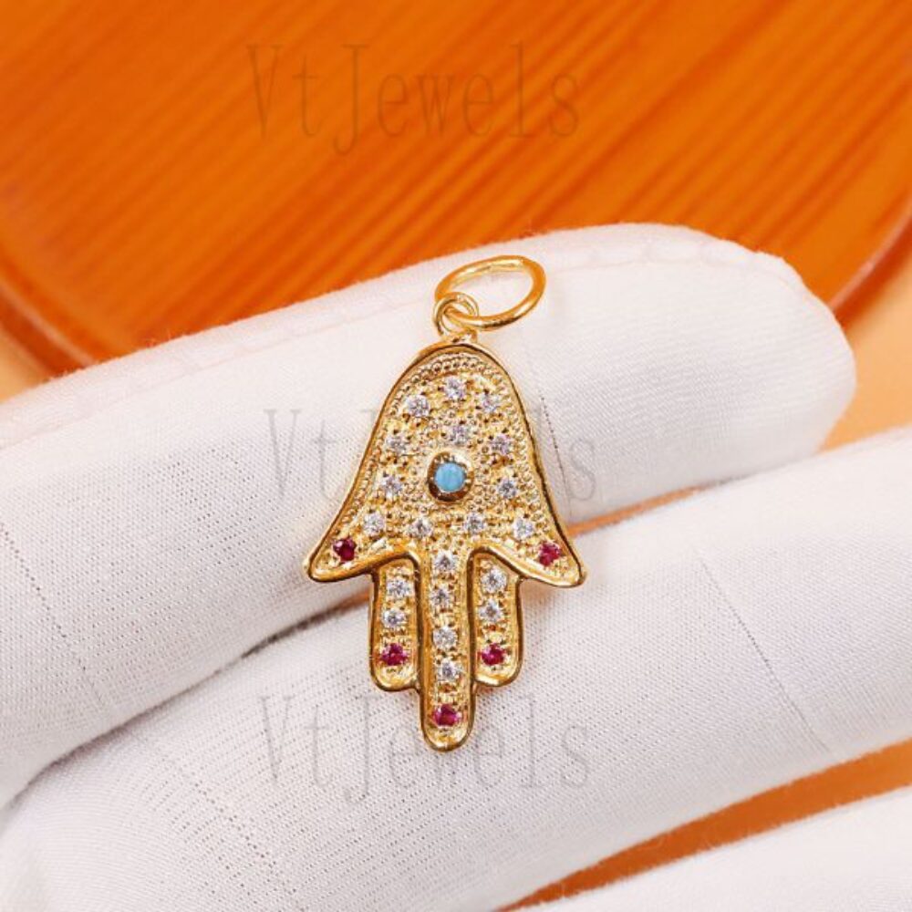 925 Sterling Silver Multi-Color Pave diamond Hamsa Hand Evil Eye Pendant