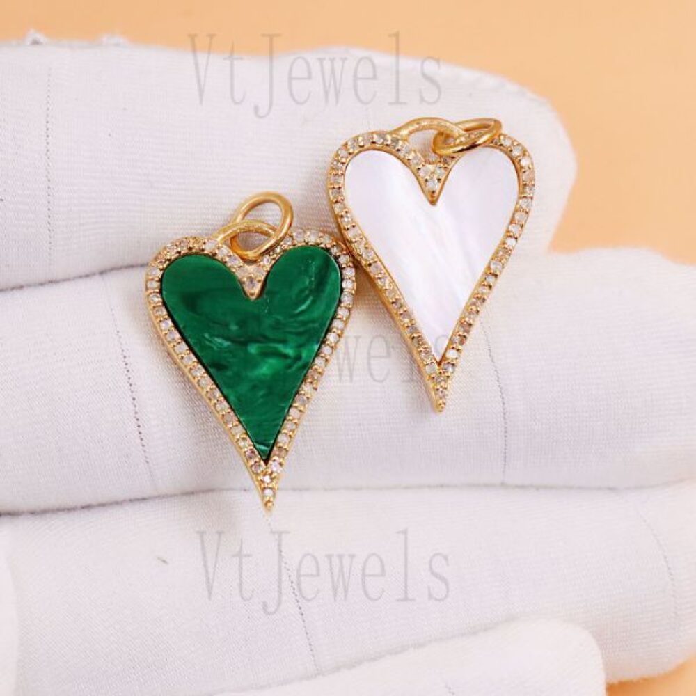 925 Sterling Silver Malachite and Mother of Pearl Elongated Heart Charm
