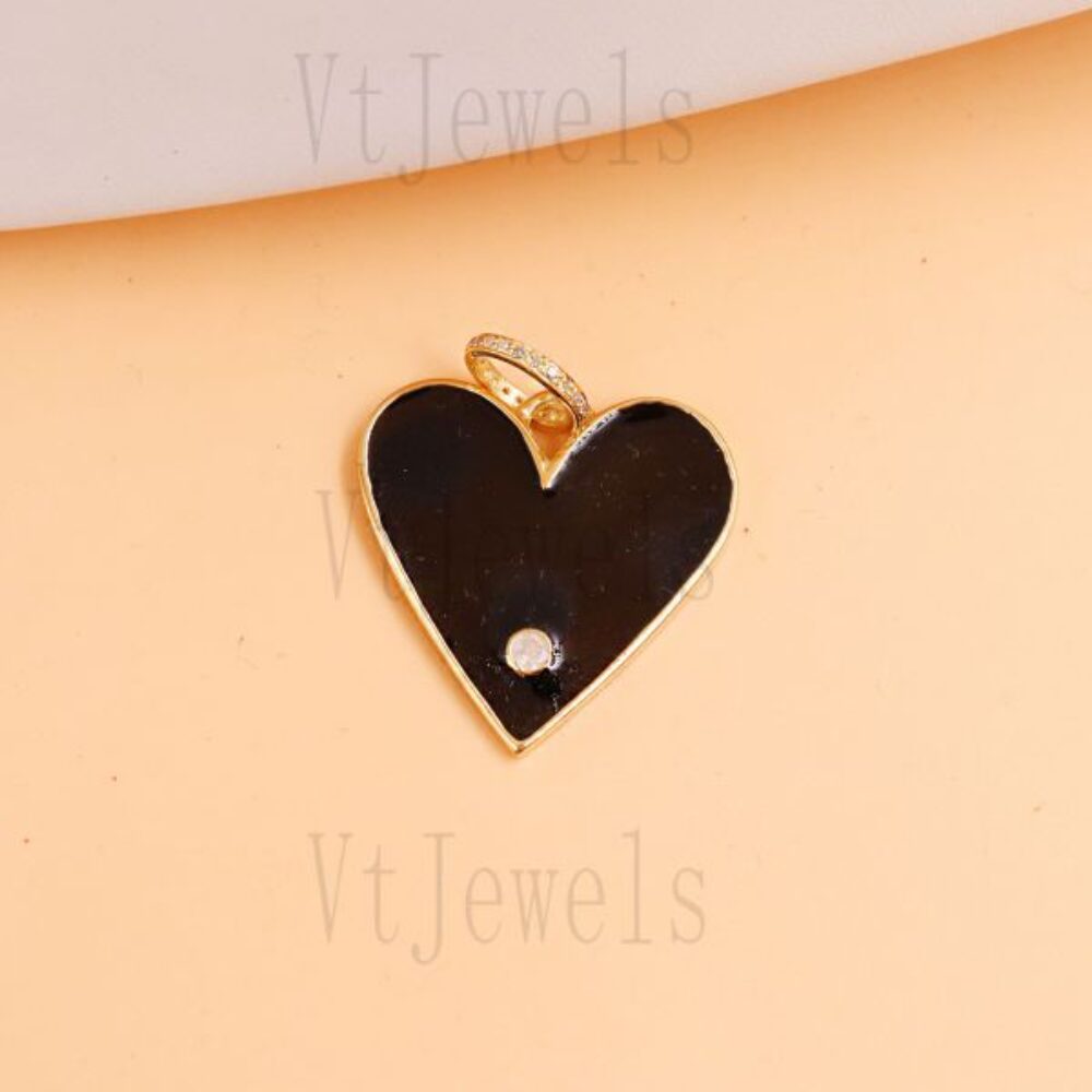 925 Sterling Silver Black Enamel Heart Charm Pendant with Accent