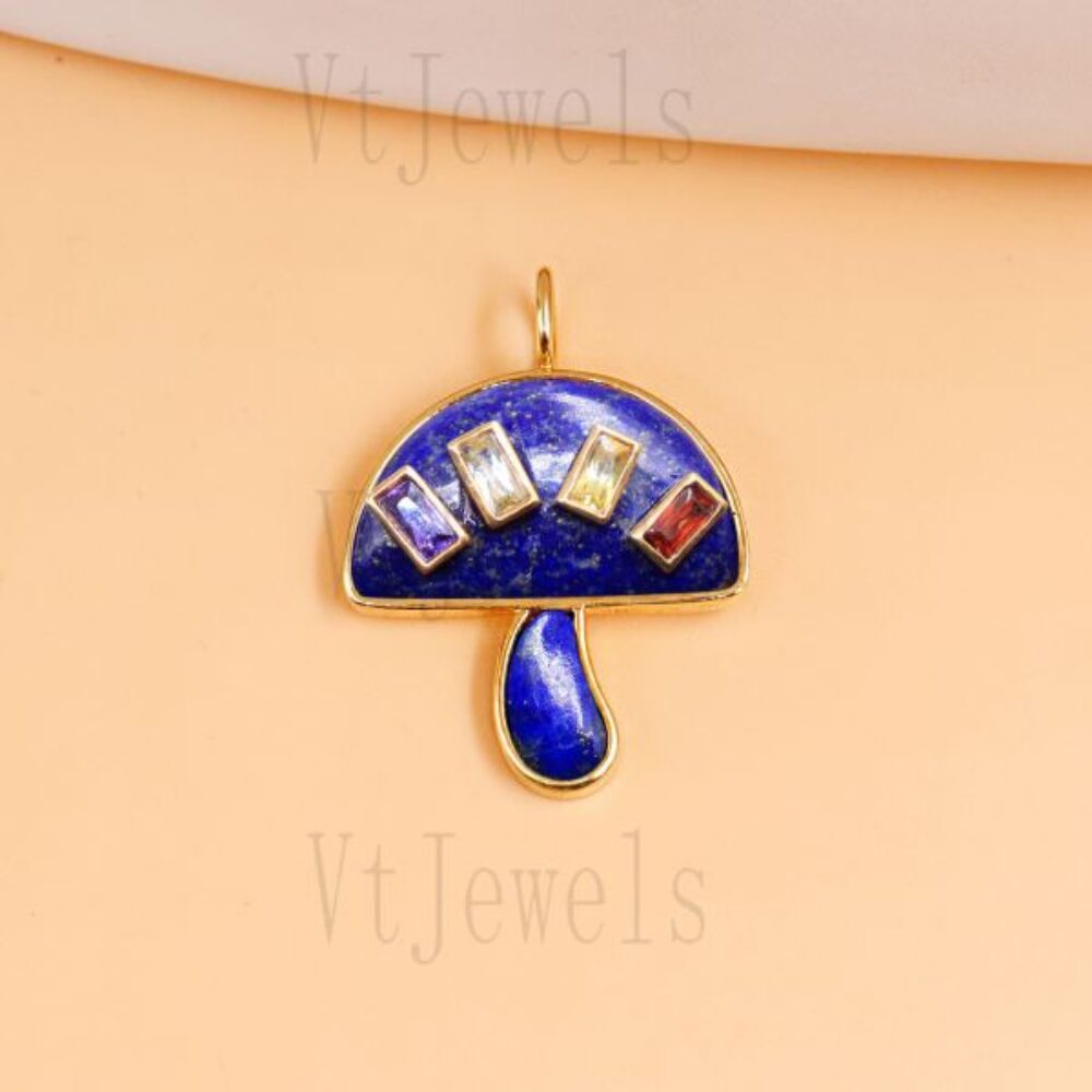 925 Sterling Silver Lapis Lazuli Multi-Gemstone Mushroom Charm Pendant