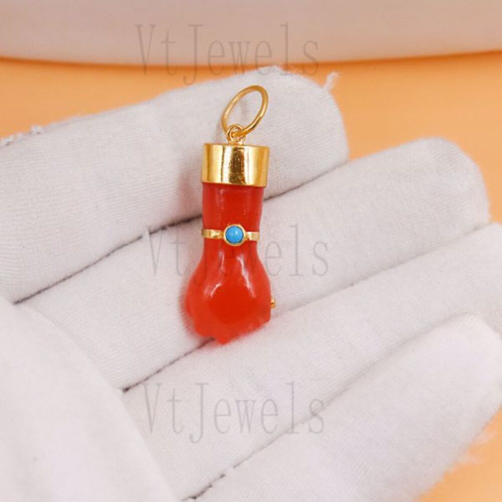 925 Sterling Silver Carnelian Mano Figa Charm Pendant with Turquoise