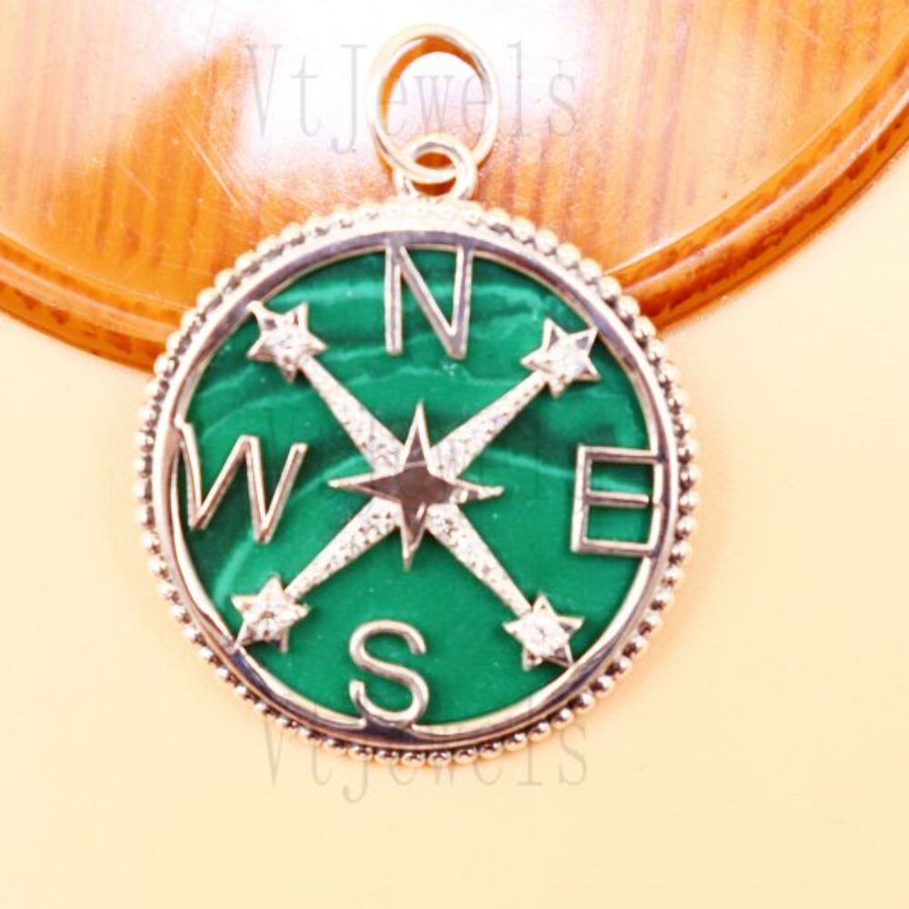 925 Sterling Silver Malachite Compass Pendant