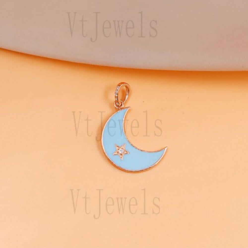 925 Sterling Silver Turquoise Enamel Moon & Star Pendant