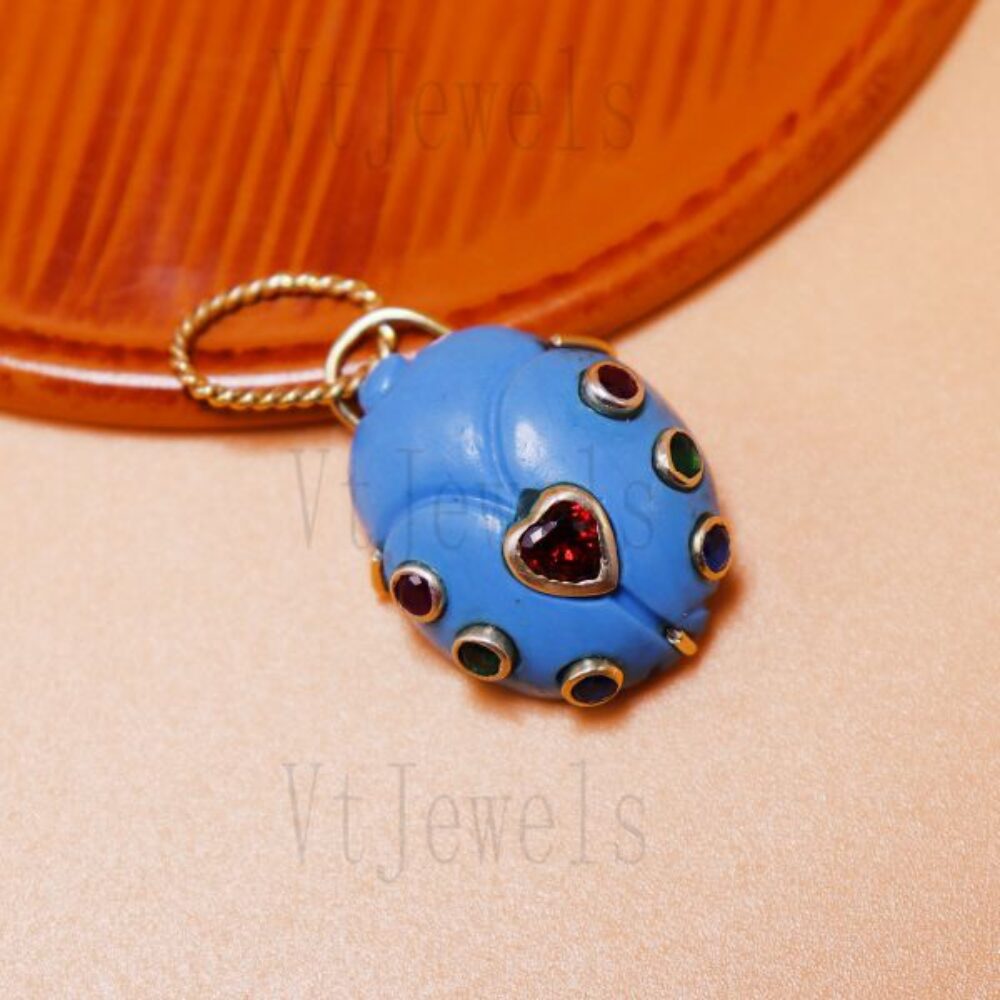 925 Sterling Silver Blue Scarab Beetle Pendant