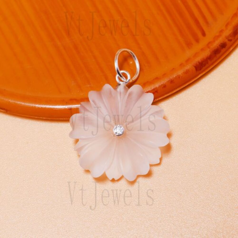 925 Sterling Silver Frosted Rose Quartz Flower Pendant