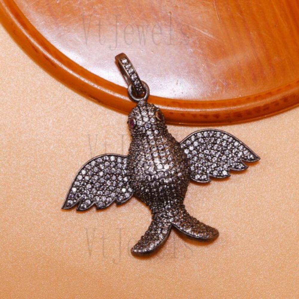 925 Sterling Silver Oxidized Pave Diamond Bird Pendant