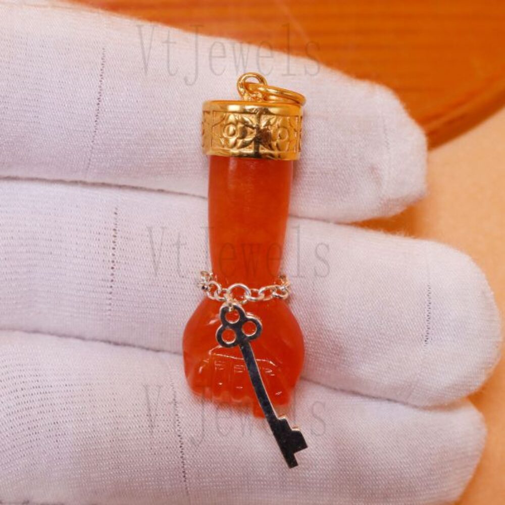 925 Sterling Silver Orange Carnelian Figa Hand Pendant
