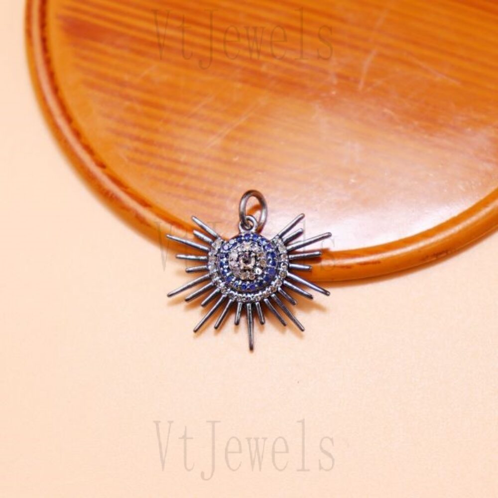 925 Sterling Silver Blue Sapphire Sunburst Pendant
