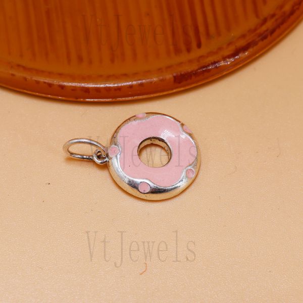 925 Sterling Silver Pink Enamel Donut Pendant - Image 4