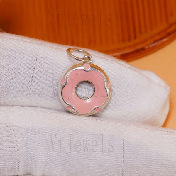 925 Sterling Silver Pink Enamel Donut Pendant - Image 5