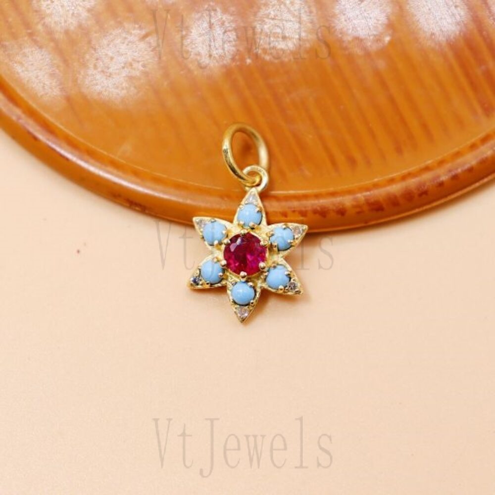 925 Sterling Silver Turquoise and Ruby Flower Pendant