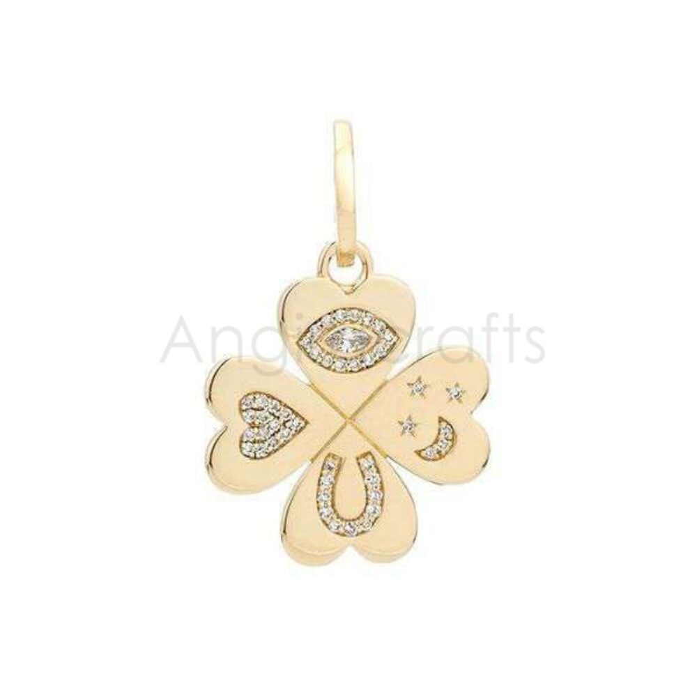 925 Sterling Silver Four Leaf Clover Pendant with Diamond Symbols | Gold Plated Lucky Charm