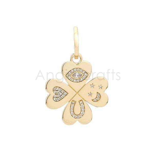 925 Sterling Silver Four Leaf Clover Pendant with Diamond Symbols | Gold Plated Lucky Charm