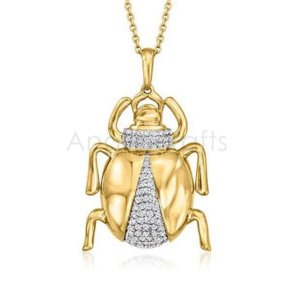 925 Sterling Silver Scarab Beetle Pendant with Diamond Accents | Gold Plated Egyptian Charm