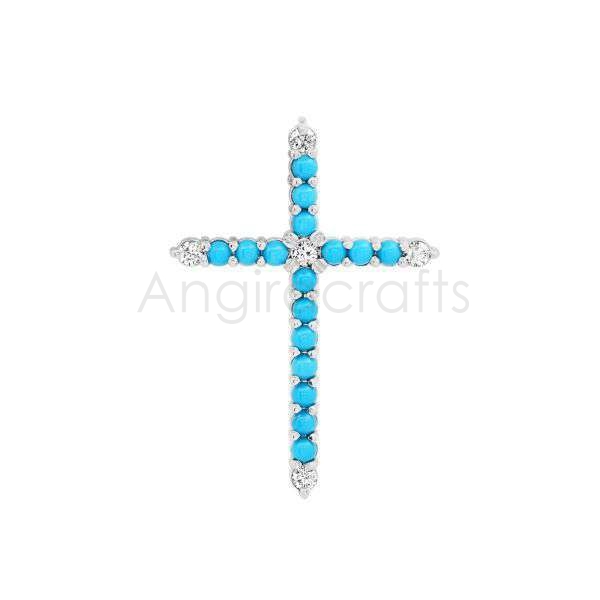 925 Sterling Silver Cross Pendant with Turquoise & Natural Diamonds | White Rhodium Plated Designer Jewelry - Image 3