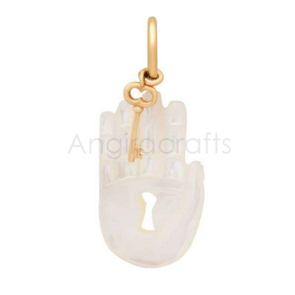 925 Sterling Silver Hamsa Hand Pendant with Mother of Pearl & Key Charm | Gold Plated Designer Jewelry