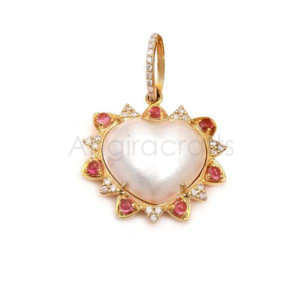 925 Sterling Silver Heart Mother of Pearl Pendant with Pink Tourmaline & Natural Diamonds | Gold Plated Designer Jewelry