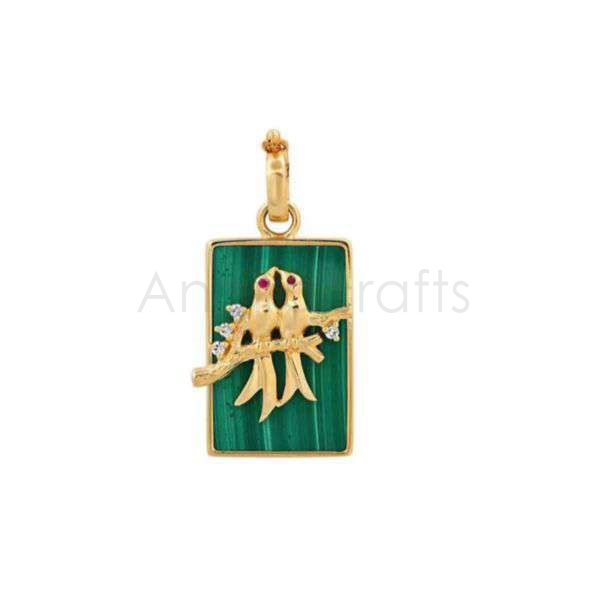925 Sterling Silver Love Birds Pendant with Malachite, Ruby & Natural Diamonds | Gold Plated Designer Charm