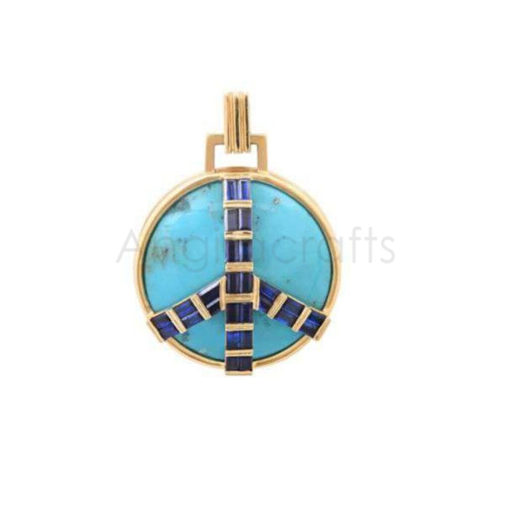 925 Sterling Silver Peace Symbol Pendant with Turquoise & Blue Sapphire | Gold Plated Designer Jewelry