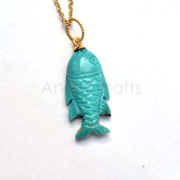 925 Sterling Silver Carved Fish Pendant with Turquoise Stone | Gold Plated Designer Jewelry - Image 3