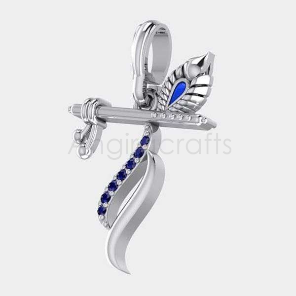 925 Sterling Silver Krishna Flute Pendant with Blue Sapphire Stones | Lord Krishna Morpankh Design Jewelry - Image 3