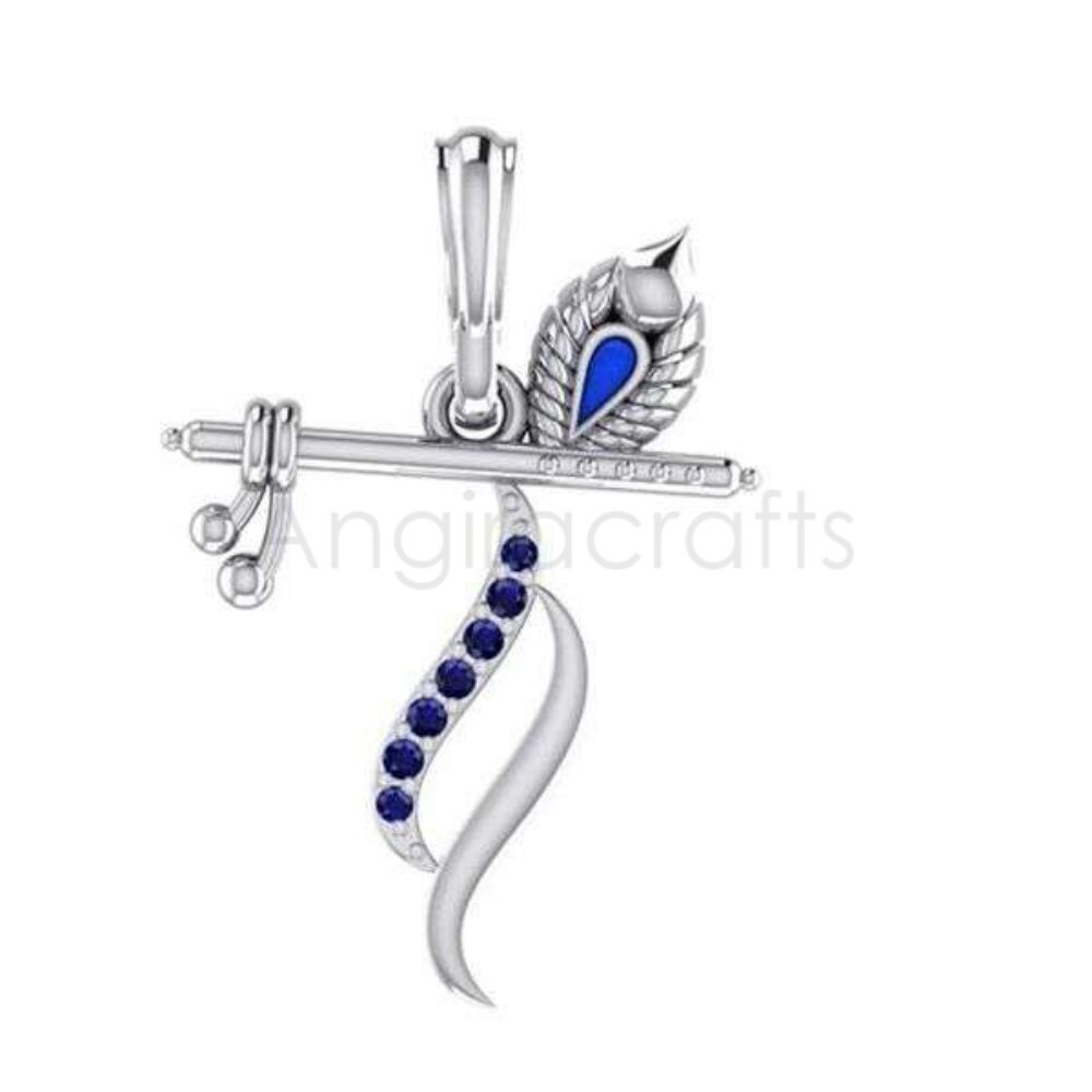 925 Sterling Silver Krishna Flute Pendant with Blue Sapphire Stones | Lord Krishna Morpankh Design Jewelry