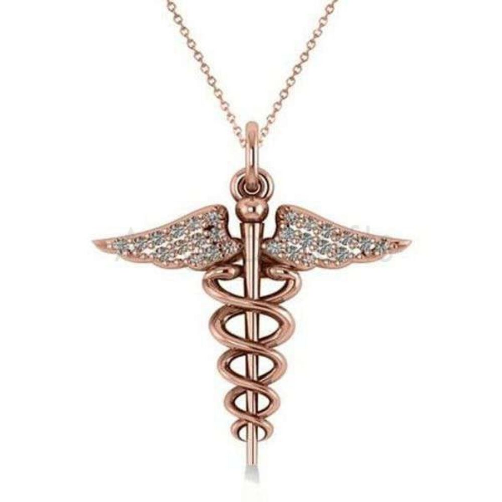925 Sterling Silver Caduceus Pendant with Natural Diamonds | Rose Gold Plated Medical Symbol Jewelry