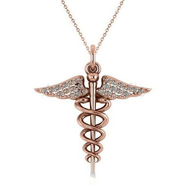 925 Sterling Silver Caduceus Pendant with Natural Diamonds | Rose Gold Plated Medical Symbol Jewelry
