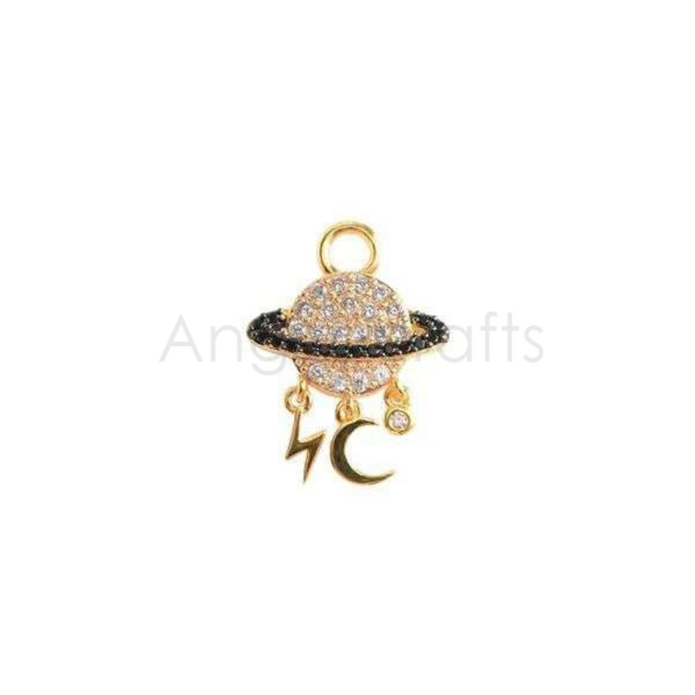 925 Sterling Silver Saturn Planet Pendant with Black Enamel & Natural Diamonds | Gold Plated Celestial Charm Jewelry