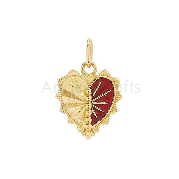 925 Sterling Silver Sacred Heart Pendant with Red Enamel | Gold Plated Textured Heart Charm