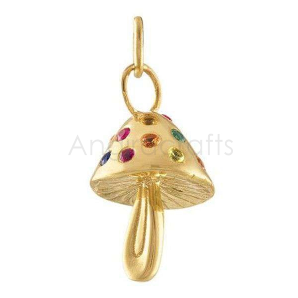 925 Sterling Silver Mushroom Pendant with Multicolor Stones | Gold Plated Magic Mushroom Charm