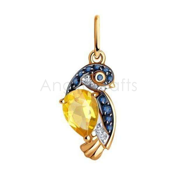 925 Sterling Silver Bird Pendant with Yellow Gemstone & Diamonds | Gold Plated Parrot Charm