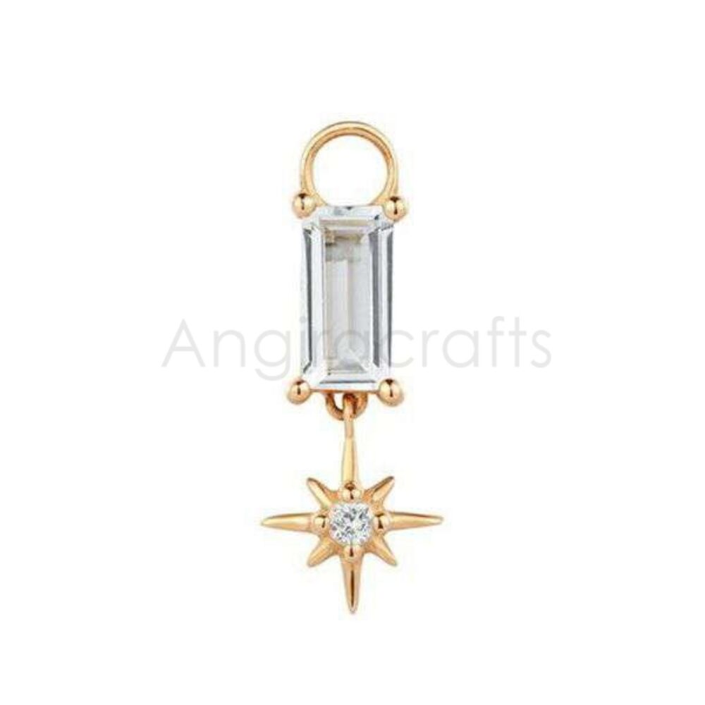 925 Sterling Silver Emerald Cut Crystal Pendant with Natural Diamond Star | Gold Plated Dangle Charm
