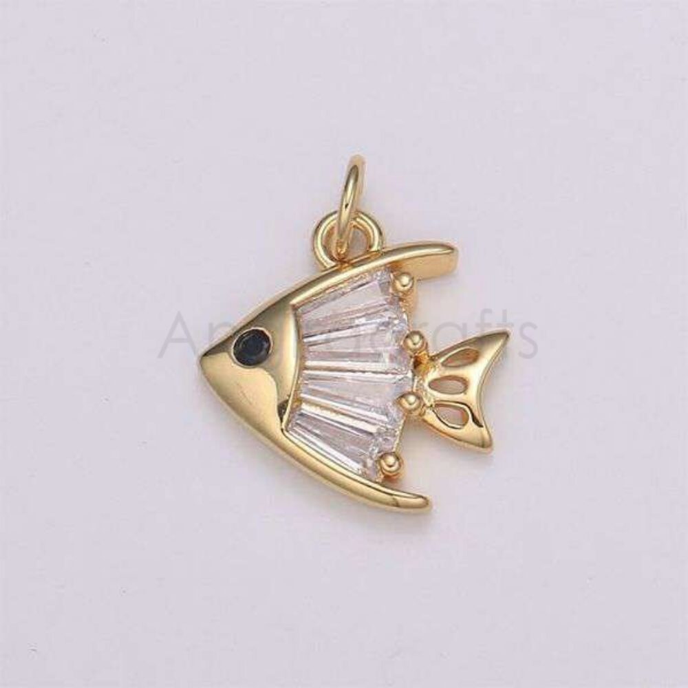 925 Sterling Silver Fish Pendant with Baguette Stones & Diamond Accent | Gold Plated Fish Charm