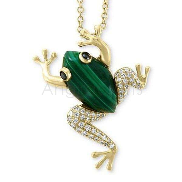 925 Sterling Silver Frog Pendant with Malachite Stone & Diamond Accents | Gold Plated Animal Charm Pendant