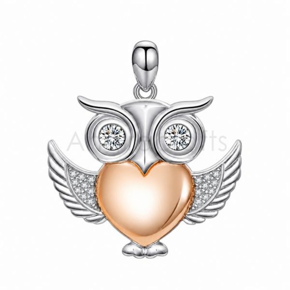925 Sterling Silver Owl Heart Pendant with Diamond Accents | Two-Tone Silver & Rose Gold Plated Owl Charm