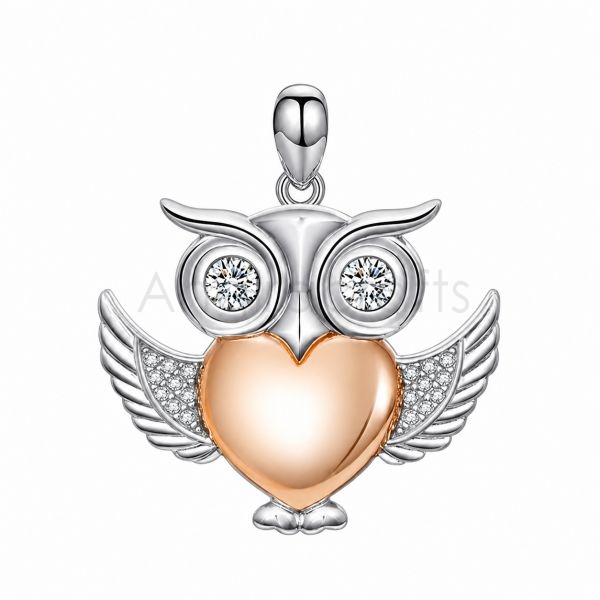 925 Sterling Silver Owl Heart Pendant with Diamond Accents | Two-Tone Silver & Rose Gold Plated Owl Charm