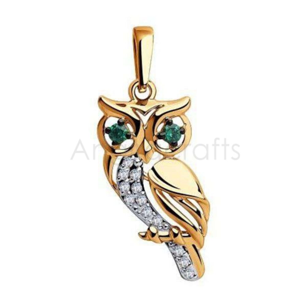 925 Sterling Silver Owl Pendant with Green Stones & Diamond Accents | Gold Plated Bird Charm Pendant